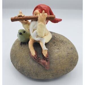 Top Collection Garden Fairy Garden Gnome Playing Flute with Bird on a Rock NIB
